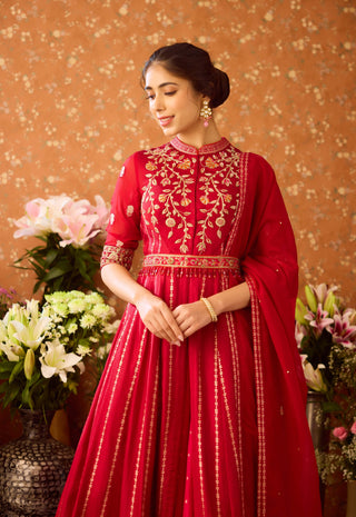 Persian Maroon Anarkali Sharara Set by Shyam Narayan Prasad available on Indiaspopup.com