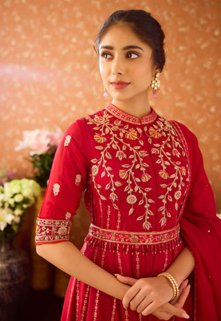 Persian Maroon Anarkali Sharara Set by Shyam Narayan Prasad available on Indiaspopup.com