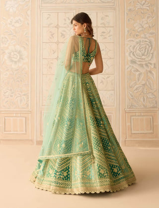 Mist teal green gold dori embroidered lehenga set