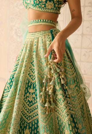 Mist teal green gold dori embroidered lehenga set