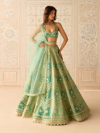 Mist teal green gold dori embroidered lehenga set