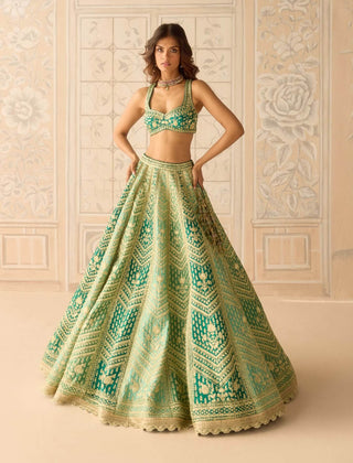 Mist teal green gold dori embroidered lehenga set