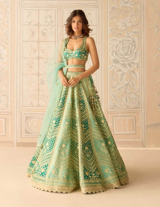 Mist teal green gold dori embroidered lehenga set
