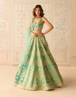 Mist teal green gold dori embroidered lehenga set
