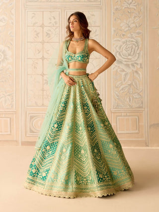 Mist teal green gold dori embroidered lehenga set