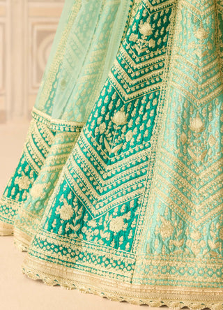 Mist teal green gold dori embroidered lehenga set