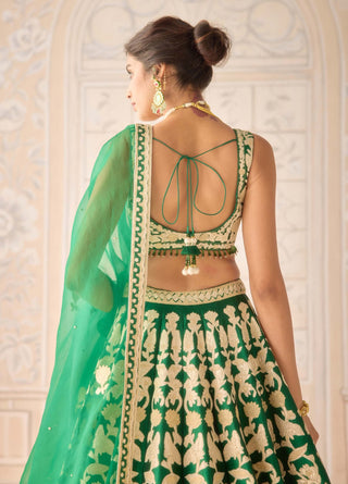 Dark green gold applique embroidered lehenga set