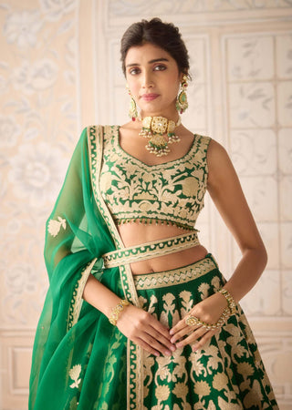 Dark green gold applique embroidered lehenga set