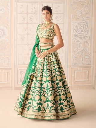 Dark green gold applique embroidered lehenga set