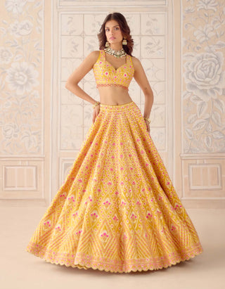 Mustard yellow gota embroidered lehenga set