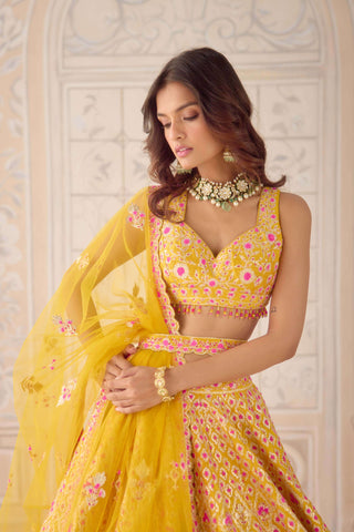 Mustard yellow gota embroidered lehenga set