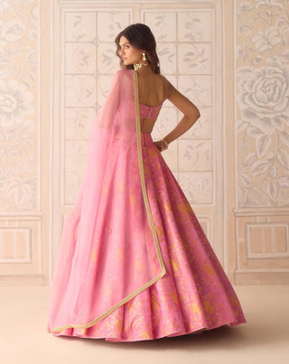 Coral pink brocade pleated lehenga set