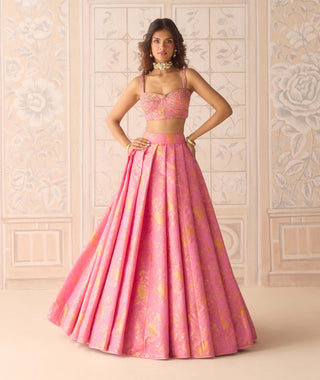 Coral pink brocade pleated lehenga set