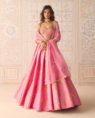 Coral pink brocade pleated lehenga set