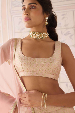 Pearl pink brocade pleated lehenga set