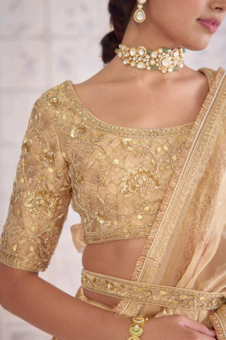 Gold printed brocade sari set