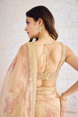 Gold printed tissue brocade sari set
