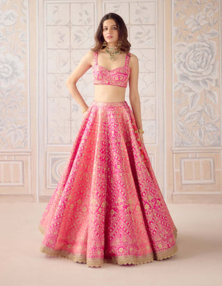Coral pink gold dori embroidered lehenga set