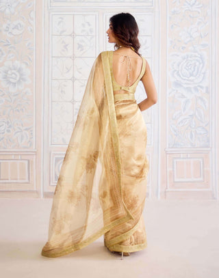 Gold block printed brocade sari set