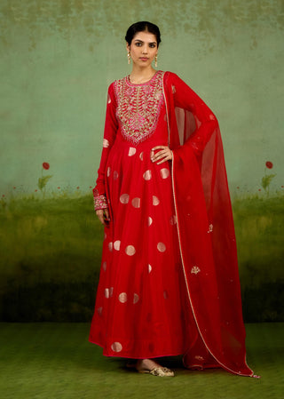 Red zardozi hand embroidered anarkali set