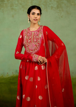 Red zardozi hand embroidered anarkali set