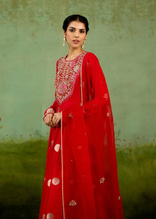 Red zardozi hand embroidered anarkali set