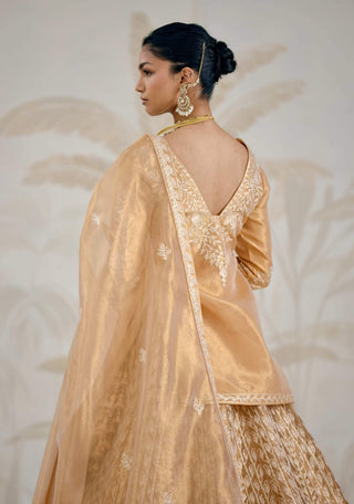 Gold gota embroidered tissue organza kurti lehenga set