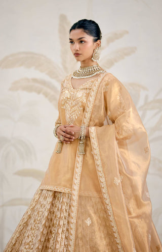Gold gota embroidered tissue organza kurti lehenga set
