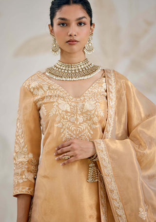 Gold gota embroidered tissue organza kurti lehenga set