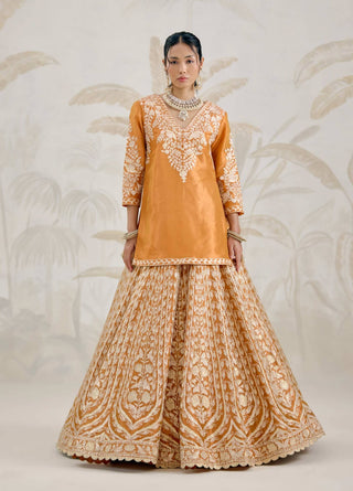 Burnt orange gold gota embroidered kurti lehenga set