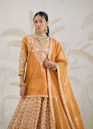 Burnt orange gold gota embroidered kurti lehenga set