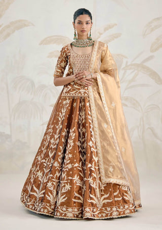 Coffee brown gold gota embroidered kurti lehenga set