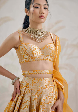 Mustard yellow Banarasi brocade pleated lehenga set