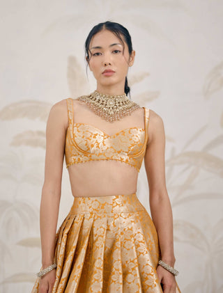 Mustard yellow Banarasi brocade pleated lehenga set