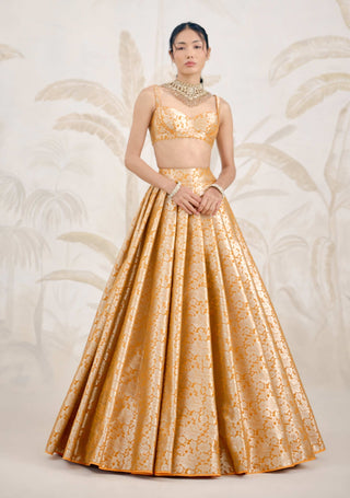Mustard yellow Banarasi brocade pleated lehenga set