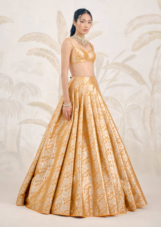 Mustard yellow Banarasi brocade pleated lehenga set