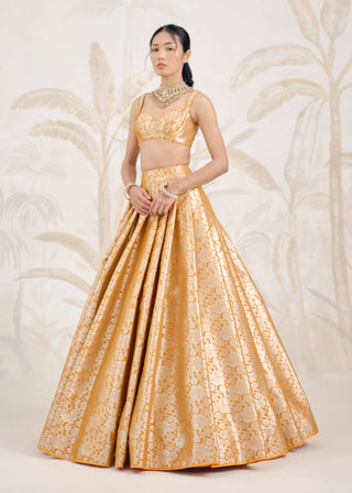Mustard yellow Banarasi brocade pleated lehenga set