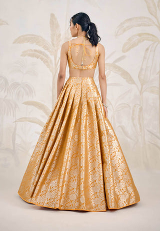 Mustard yellow Banarasi brocade pleated lehenga set