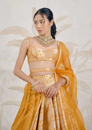 Mustard yellow Banarasi brocade pleated lehenga set