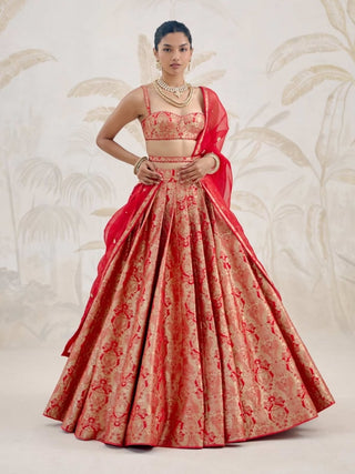 Ribbon red Banarasi brocade pleated lehenga set