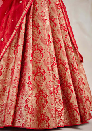 Ribbon red Banarasi brocade pleated lehenga set