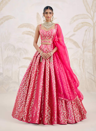 Fuchsia pink Banarasi brocade pleated lehenga set
