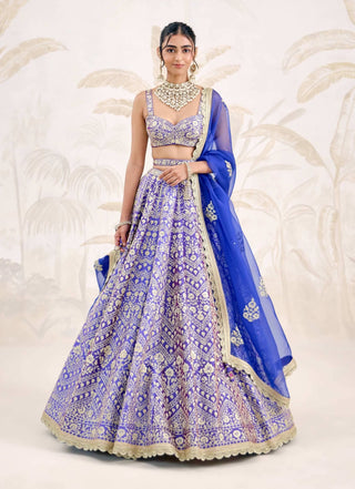 Purple blue zari dori embroidered raw silk lehenga set