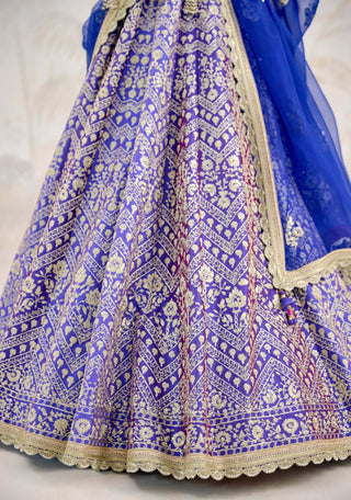 Purple blue zari dori embroidered raw silk lehenga set