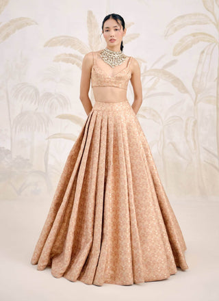 Dusty coral Banarasi brocade pleated lehenga set