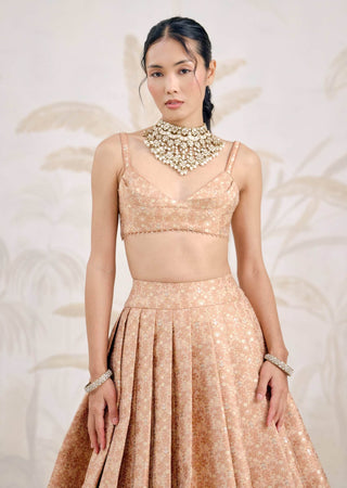 Dusty coral Banarasi brocade pleated lehenga set