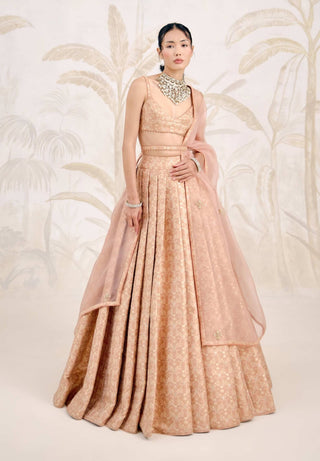 Dusty coral Banarasi brocade pleated lehenga set