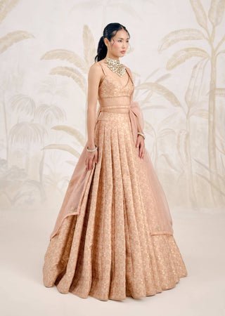 Dusty coral Banarasi brocade pleated lehenga set