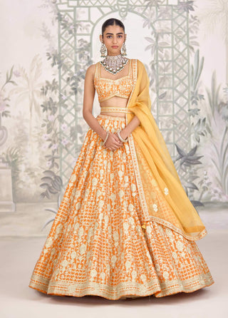 Marigold orange zari dori embroidered lehenga set