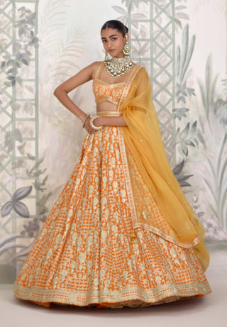 Marigold orange zari dori embroidered lehenga set